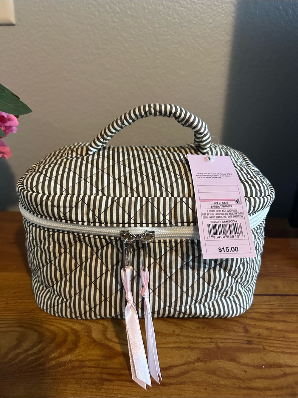 wild fable Brown and White Quilted Cosmetic Train Case with Pink Ribbon Zippers